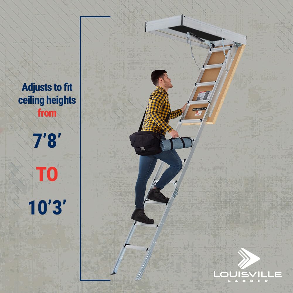 Louisville Ladder 7.8-10.3-Foot Insulated Door Aluminium Attic Ladder 30" x 54" (Rough Opening), 375-Pound Load Capacity, Type IAA, AL3040MG-R10