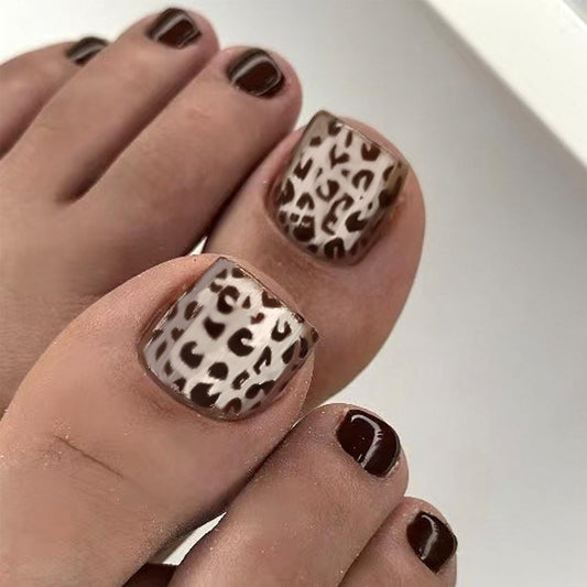 Leopard Press on Toenails Short Square Fake Toe Nails Glitter False Toenails Brown Glossy Acrylic Toes Nail Press ons Cheetah Print Nails Toe Press on Nails for Women 24Pcs