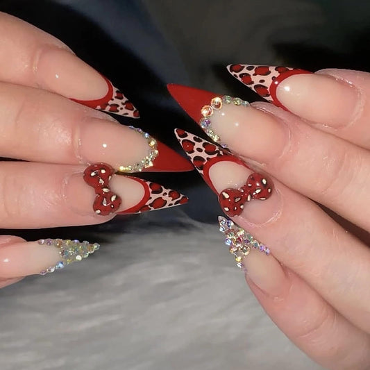 MISUD Press on Nails - Long Stiletto Fake Nails with Red French Tip, Acrylic Cheetah Rhinestone Design 24 pcs