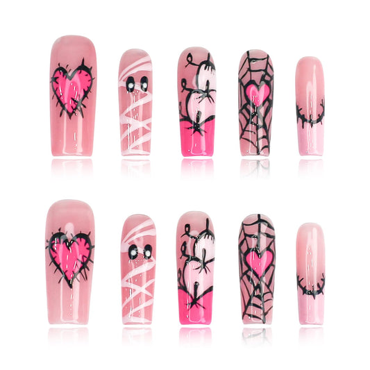Yacey Halloween Handmade Press on Nails Long Coffin, Spider Web Design Reusable Muti-Gel False Nails Press Ons, French Thick Acrylic Fake Nails, Cute Ghost Glue on Nails for Women Girls (10 Pcs, M)