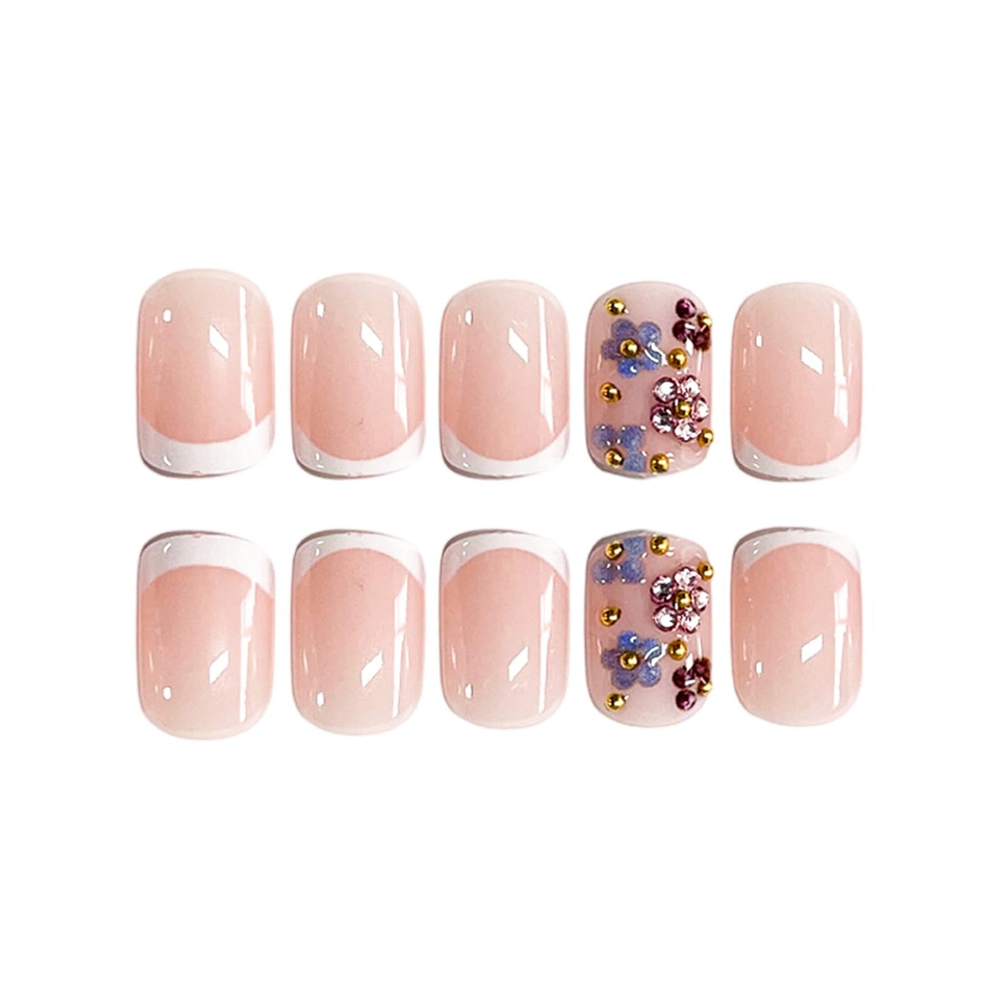 Press on Nails Short Square MABKJLF Petite Fake Nail White French Tip False Nails with Rhinestones Flower Gold Ball Designs Glossy Glue on Nail Spring Full Cover Acrylic Nails for Women Girls 24Pcs