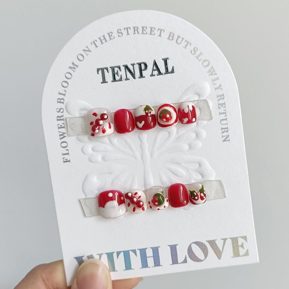TENPAL Handmade Press on Nails for 3-12 Year Olds Girls,Resuable Gel Fake Nails with Tools for Children,Cute Nails with Lovely Strawberry Designs,Short Nails for Girls Kids Nail Art 10pcs Size(XS)