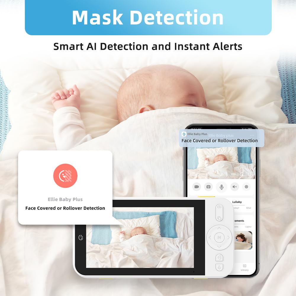 Ellie Baby Pro 5" No WiFi or WiFi Monitor with Camera and Audio, Face Cover Alert, Night Vision, 2-Way Audio, Pan-Tilt-Zoom