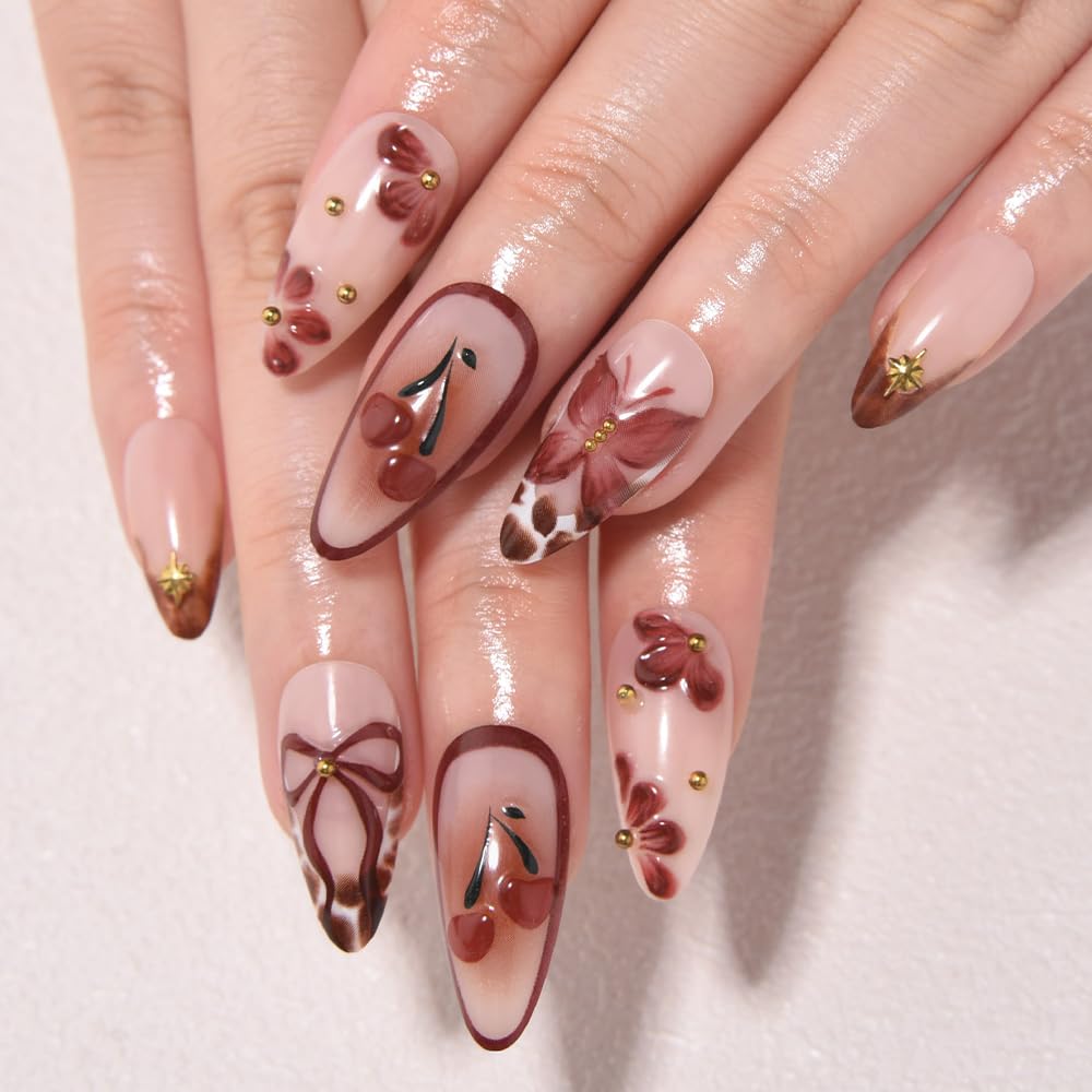 evpct 3D Red Cherry Press on Nails Short Almond No Glue, Short Almond with 3D Red Bow Butterfly Design, Coffee Tip Stick on Nail for Women Gift with Kit, Reusable Full Cover Soft Press on Fake Nail