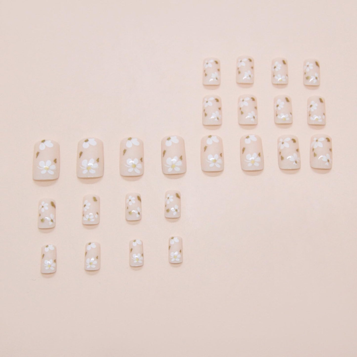 Floral Medium Square Press on Nails Nude Base White Floral Accents Gold Foil Details Glossy Finish Reusable Spring Nails Easy Apply Fashion Party Wear Durable Trendy Women Girls Nail Art 24 Pcs