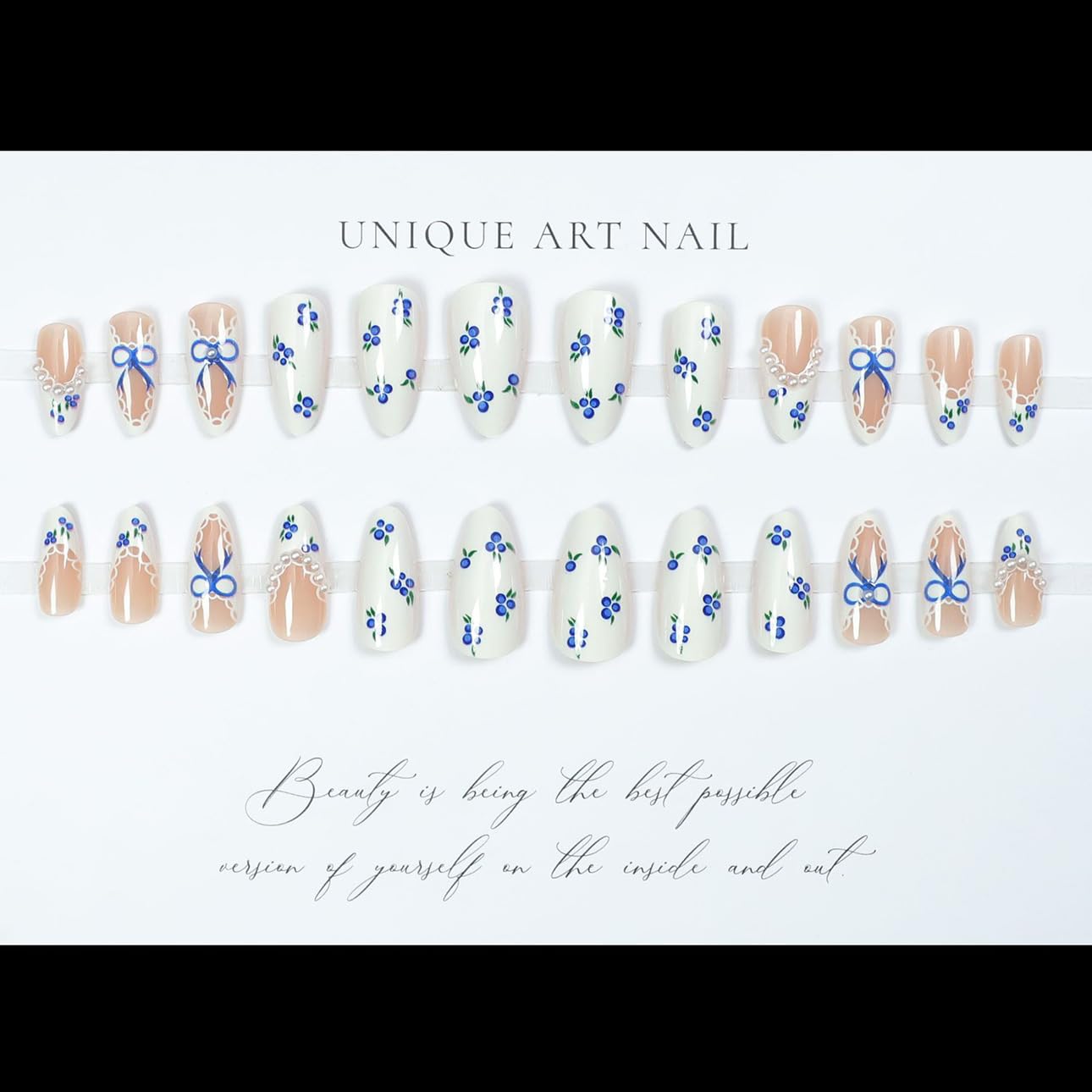 LPOODDNU Blue White Press on Nails Almond - Medium Blueberry Lace French Pearl Design Fake Nails, Glossy Finished Reusable False Nails with Adhesive Glue Tabs - 24Pcs Nail Kit for Women Manicure