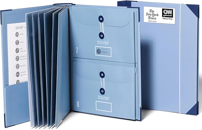 The Folio® Important Document Organizer by Savor | Binder with Guided Labels, Acid-Free File Folder with 10 Pockets for Home, Legal, Medical Papers | Mother’s Day Gift for Moms, Records Storage (Blue)