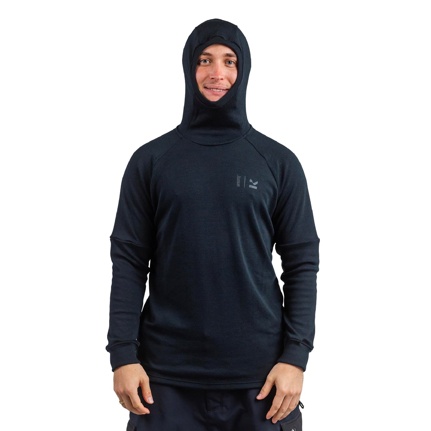 Janus Wool Kleveland Merino Base Layer - 100% Wool Fleece Hooded Sweatshirt - Men, Women, Teens - Winter Snowboarding Pullover - Brushed Interior - Under Helmet Warmth & Protection - Large Black