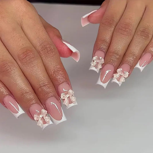 24pcs French Tip Press On Nails - Medium Length Almond Fake Nails With White Tips, Bow Charms & Nude Color Acrylic Finish - Perfect For Daily Wear & Manicure
