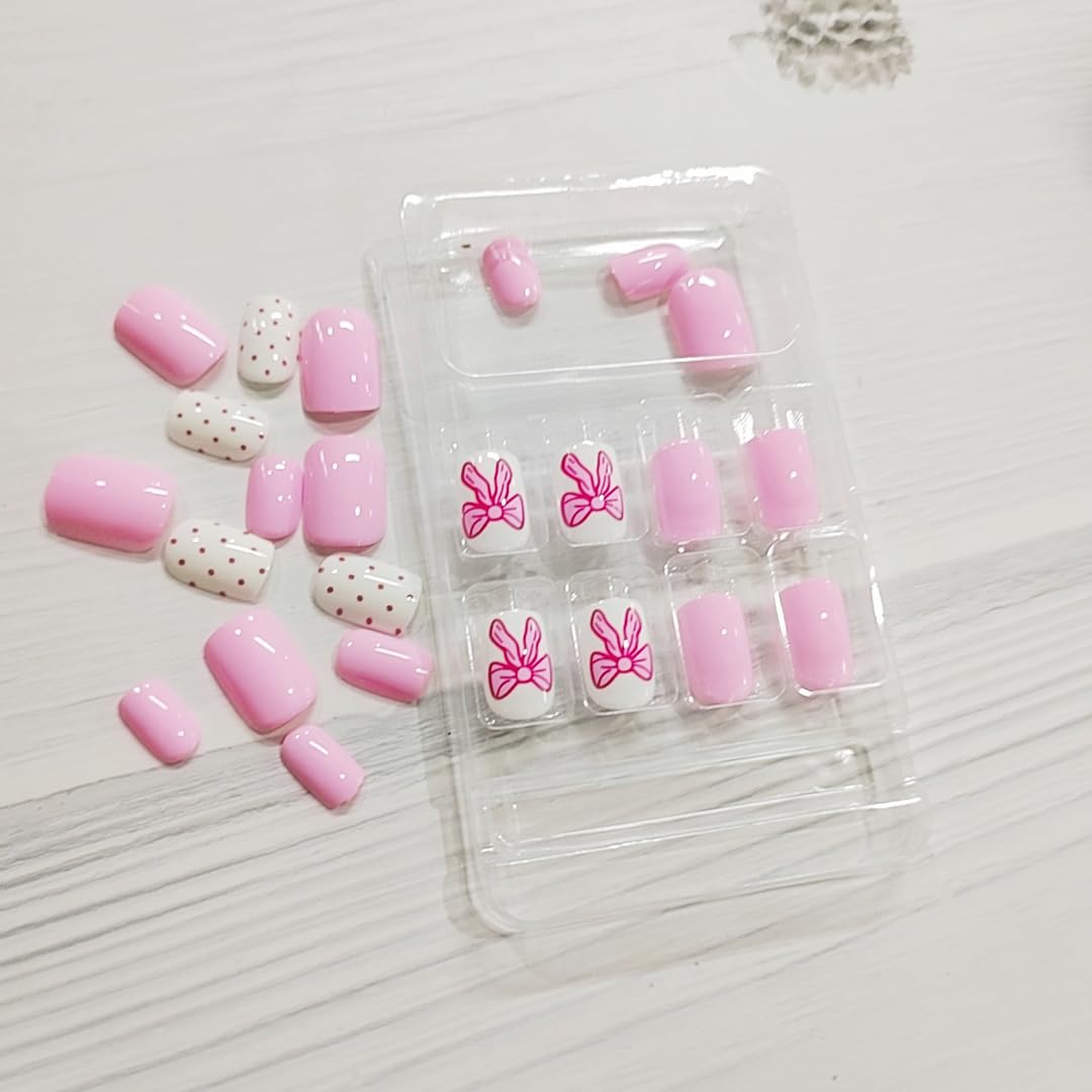 Purple Square Press on Nails Short Cute Fake Nails Valentine’s Day Press on Nail with Bow-Polka Dot Designs Pink Acrylic Full Cover Valentines Nails Glue on with Designs False Nail for Women 24PCS