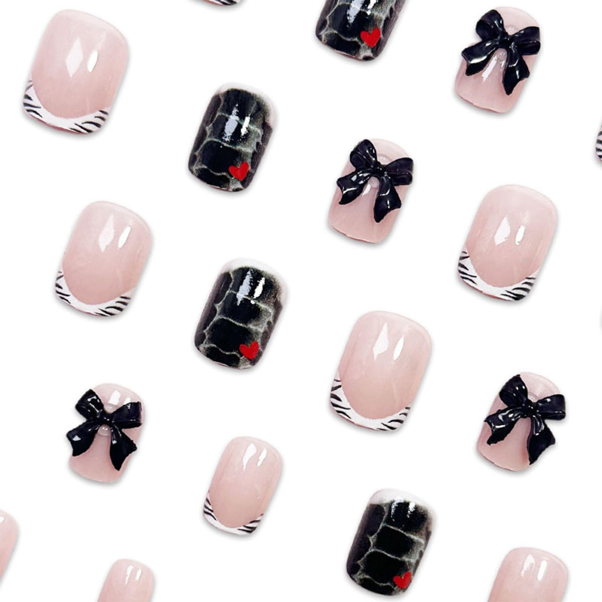 IMSOHOT Short Square Press on Nails with 3D Bow Charm Designs Black White French Tips Fake Nails Acrylic Full Cover Glossy False Nails Glue Stick on Nails for Women Girls 24Pcs