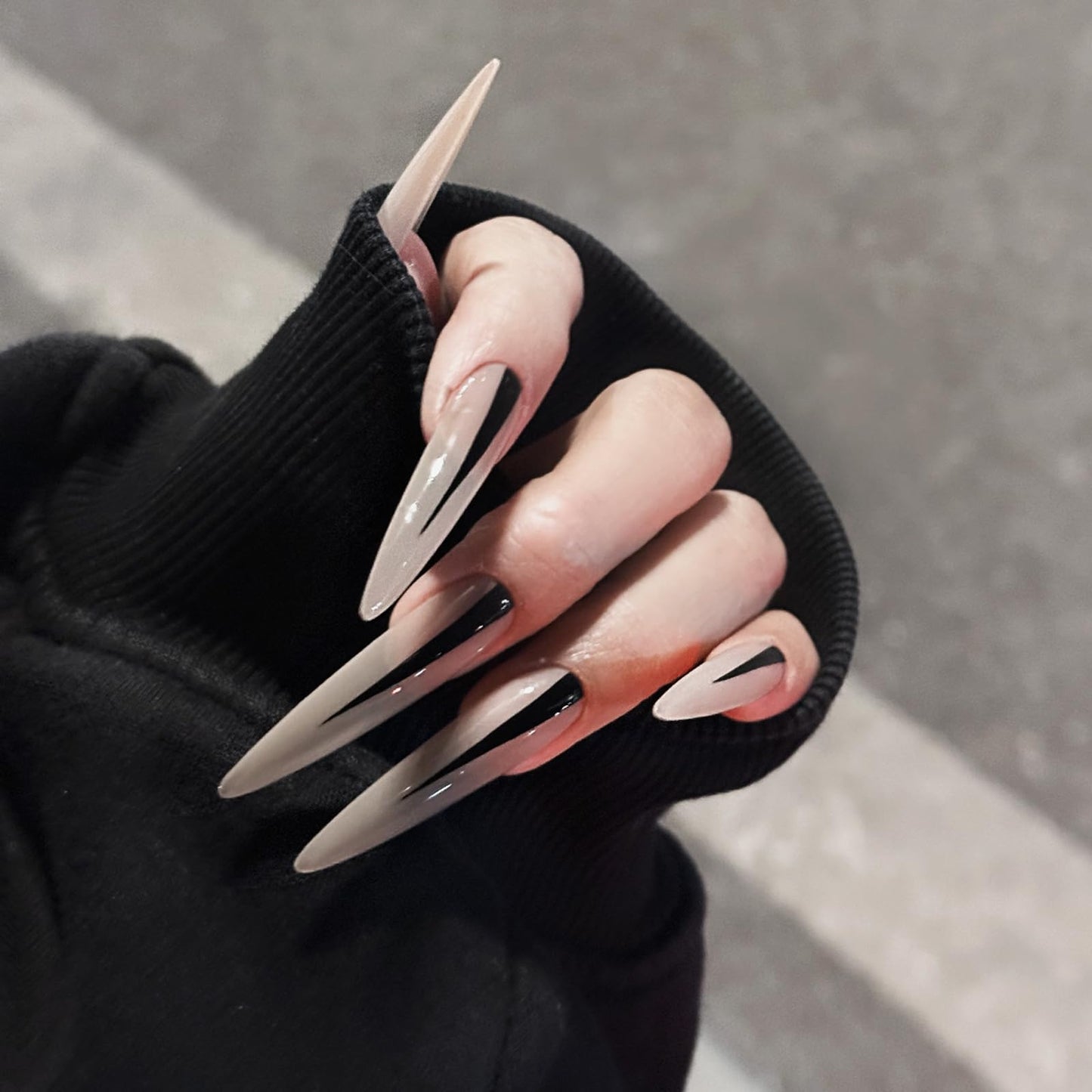 IMRAIN Press on Nails Long Stiletto Fake Nails Nude Glossy Glue on Nails Full Cover Goth Nail Supplies DIY Acrylic False Nails for Women Girls 24Pcs
