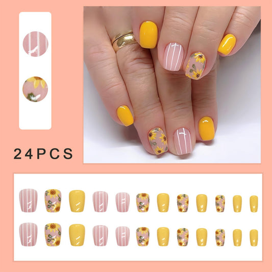 Yellow press-on nails short square false nails spring and summer sunflower yellow light white line full coverage glossy acrylic false nails ladies girls DIY nail art decoration