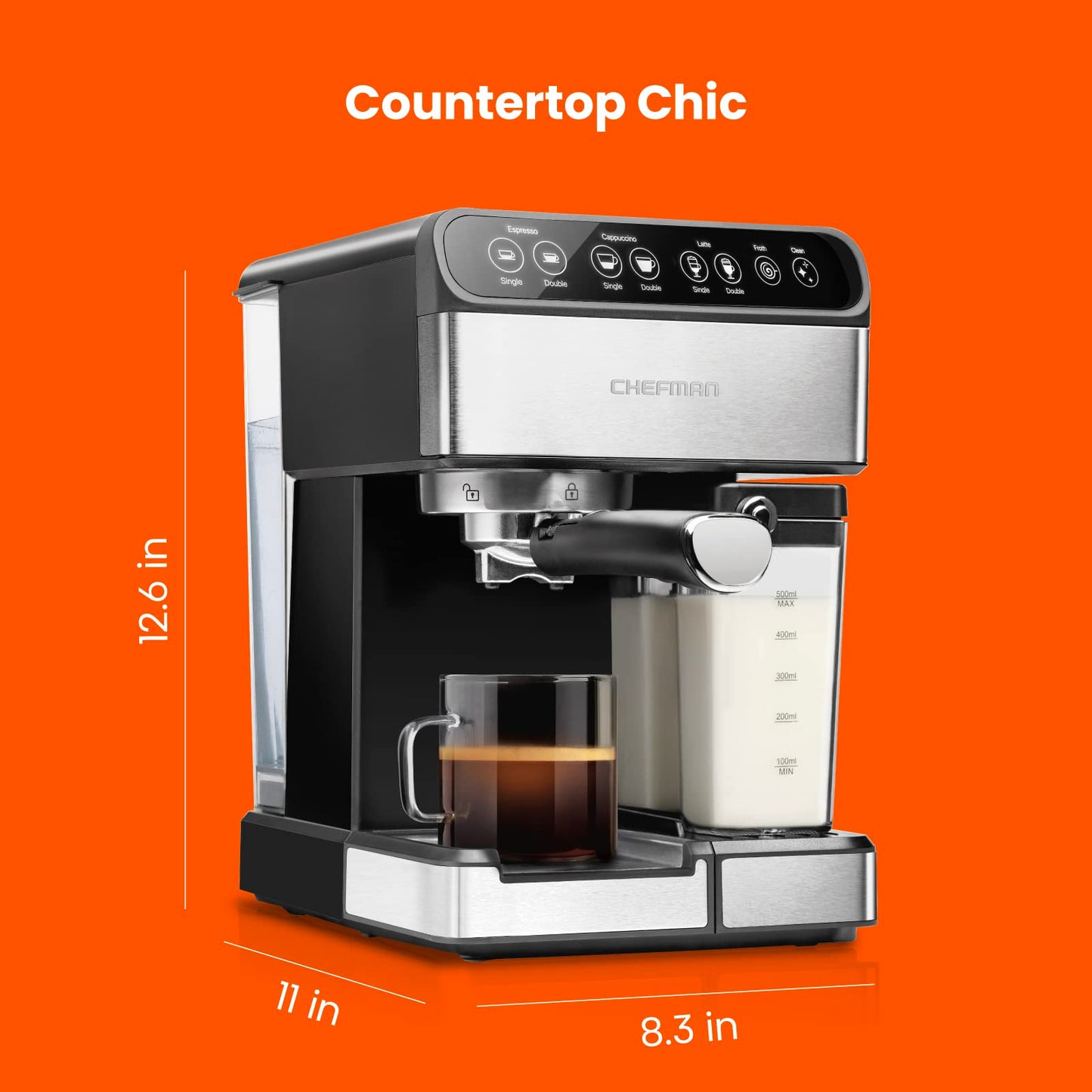 Chefman 6-in-1 Espresso Machine with Built-In Milk Frother, 15-BAR Pump, Digital Display, One-Touch Single or Double Shot for Cappuccinos and Lattes, XL 1.8-L Water Reservoir, Stainless Steel