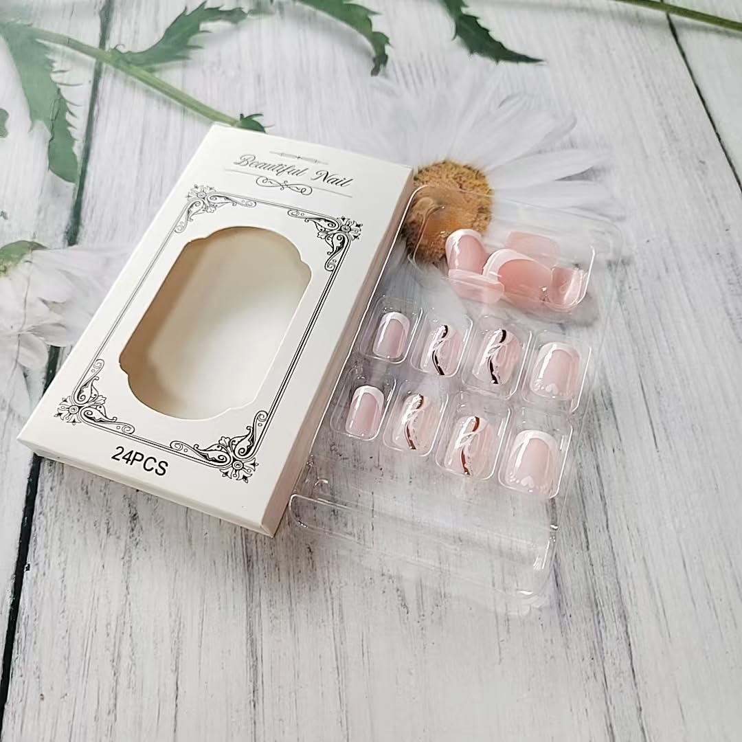 Teilihai White French Tip Press on Nails Short Square Fake Nails with Glitters Line Heart Design Glossy Glue on Nails Pink Nail Tips Full Cover False Nails Artificial Acrylic Nail for Women 24Pcs