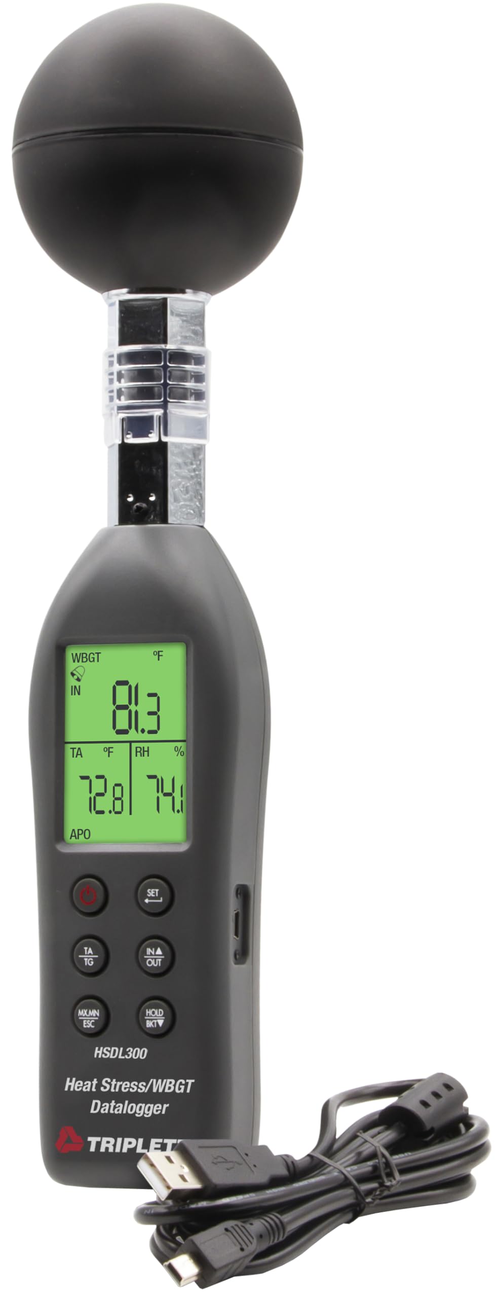 Triplett HSDL300 Indoor/Outdoor Heat Stress WBGT (Wet Bulb Globe Temperature) Datalogger with Certificate of Calibration to NIST