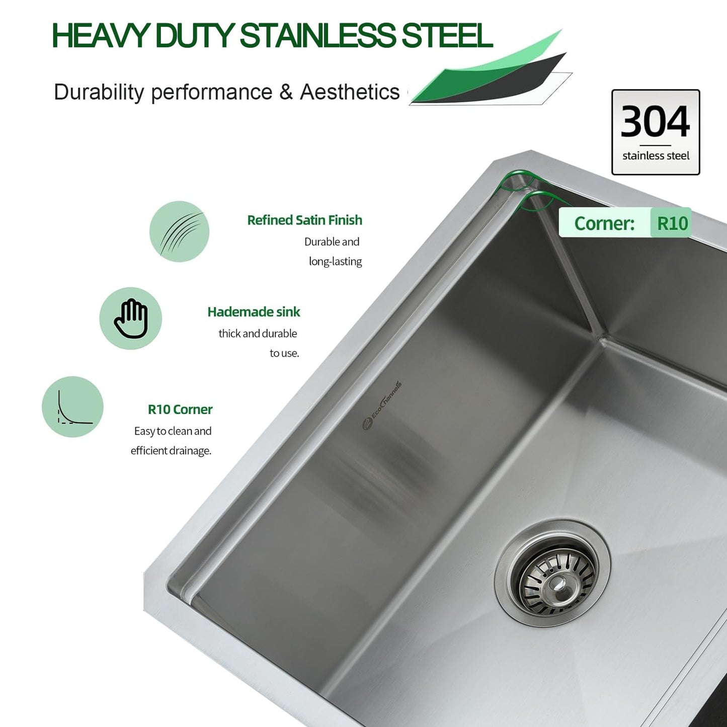 EcoChannels Undermount Kitchen Sink, 21 x 19 Inch Sink Kitchen 16 Gauge Stainless Steel Kitchen Sinks Single Bowl Workstation Sink with Cutting Board