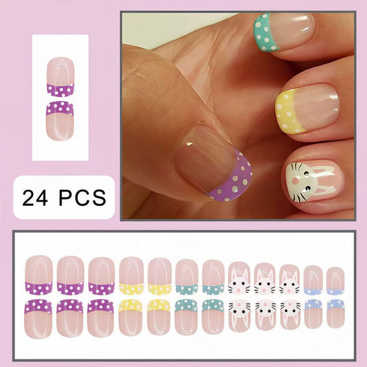 Easter Press on Nails Short Square Fake Nails Cute White Rabbit False Nails with Colorful Polka Dot French Design Stick on Nails for Women Girls Manicure Decoration 24 pcs