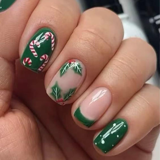Green French Tip Christmas Press on Nails Holly Short Square Fake Nails with Candy Designs Nude Pink Glossy Acrylic Nails Xmas Full Cover Stick on Nail Winter False Nail for Women 24Pcs