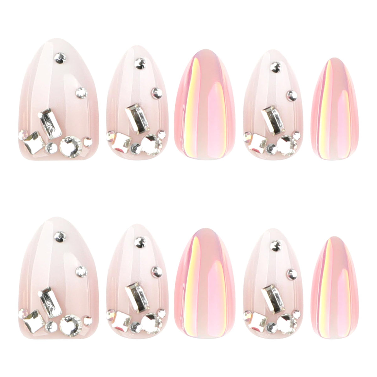 RUOKEXIN Almond Press on Nails Short Fake Nails White Ombre False Nails with Rhinestones Designs Plating Nail Press ons Sparkly Artificial Nails for Women 24Pcs