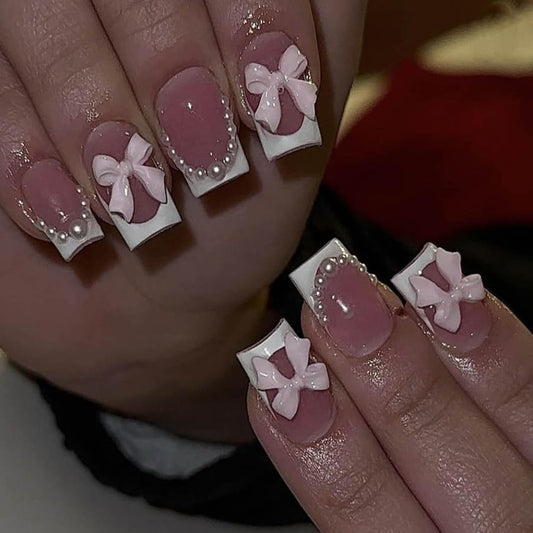 Short Press On Square Fake Nails - White French Tip, Pearl Bow Charms Design - Glue On, Glossy Full Cover Stick On Nails - 24 Pcs