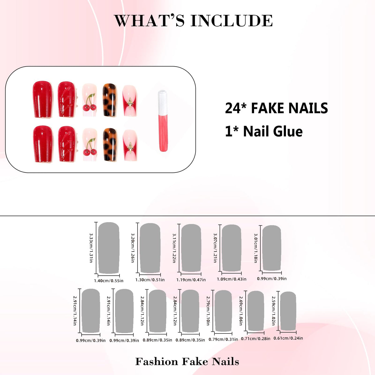 IMRAIN Press on Nails Long Square Fake Nails with 3D Cherry, Leopard Print Designs Glue on Nails Brown Red Acrylic False Nails for Women