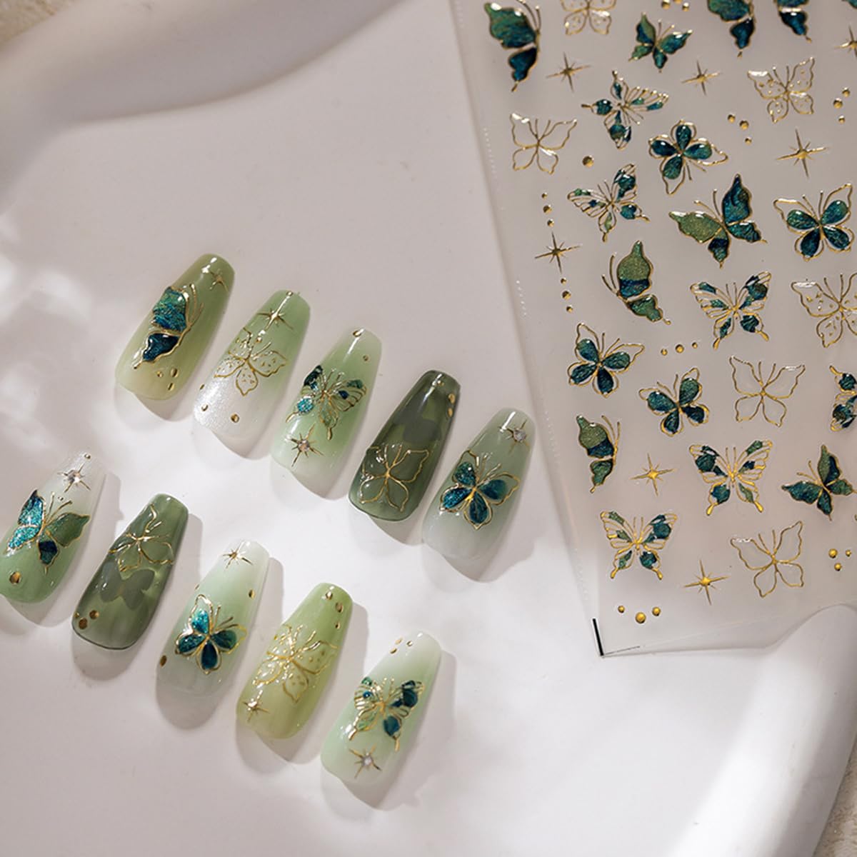 Green Butterfly Nail Stickers 5D Embossed Nail Art Butterfly Nail Decals with Gold Accent Spring Stickers for Nails Designs Self Adhesive Nail Art Supplies for Women Girls DIY Manicure 1 Sheet