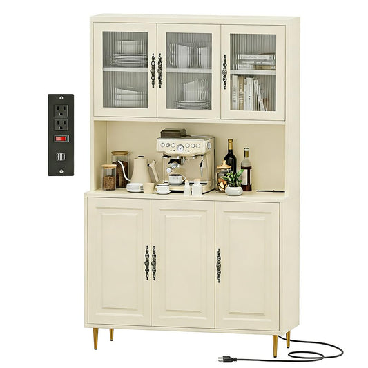 AUN Pantry Cabinet with Charging Station - 68" Multi-Scene Storage Cabinet for Kitchen, Coffee Bar, Dining Room | Adjustable Shelves & Soft-Close Doors,Beige