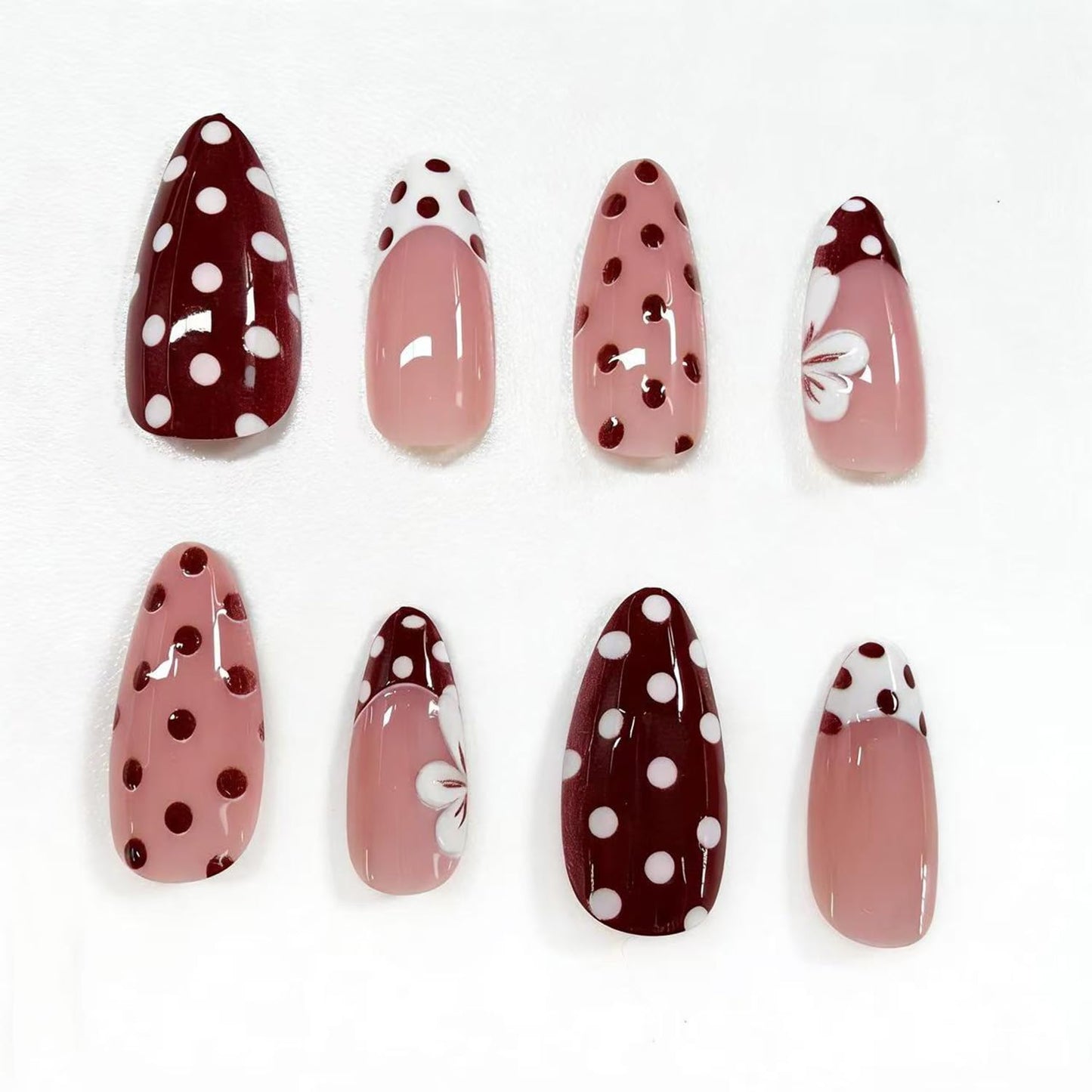 3D Flower Polka Dot Press on Nails Medium Almond Fake Nails with White French Tip Full Cover Stick on Nails Burgundy Pink Nails Press ons Cute Reusable Acrylic Nails for Women Manicure 24Pcs