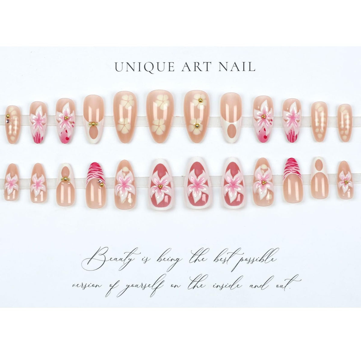 IMRAIN Summer Press on Nails Medium Almond Fake Nails with 3D Pink White Flower Designs Glossy French Tips False Nails Cute Floral Glue on Nails Acrylic Nail Supplies