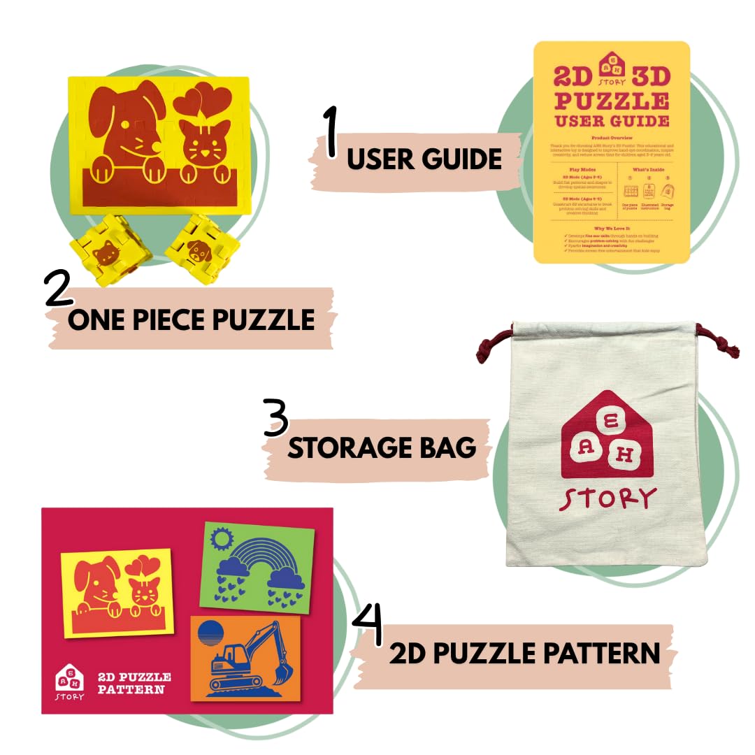 AEH Story 2D & 3D Foam Puzzle for Kids Ages 3+, Dog & Cat Animal Travel Toy for Airplanes & Road Trips, Quiet Screen-Free Busy Bag Activity, Montessori STEM Fine-Motor Learning Toy – Yellow