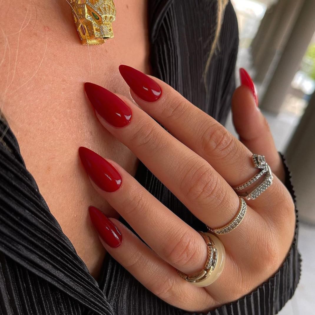 KQueenest Red Press on Nails Medium Almond Stiletto, Acrylic Fake Nails Set, Acrylic Nails Press ons Almond, Reusable Soft Gel Glue on Nails for Women Valentine‘s Day with Protective UV Coating 24 Pcs