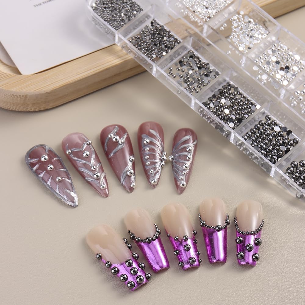 Mini Metal Nail Beads 3D Nail Art Charms, Mixed Sizes Silver Gun Grey Half Round Flatback Stainless Steel Caviar Beads Nail Studs Jewelry with Pickup Tweezers for DIY Nail Art and Crafting Decorations