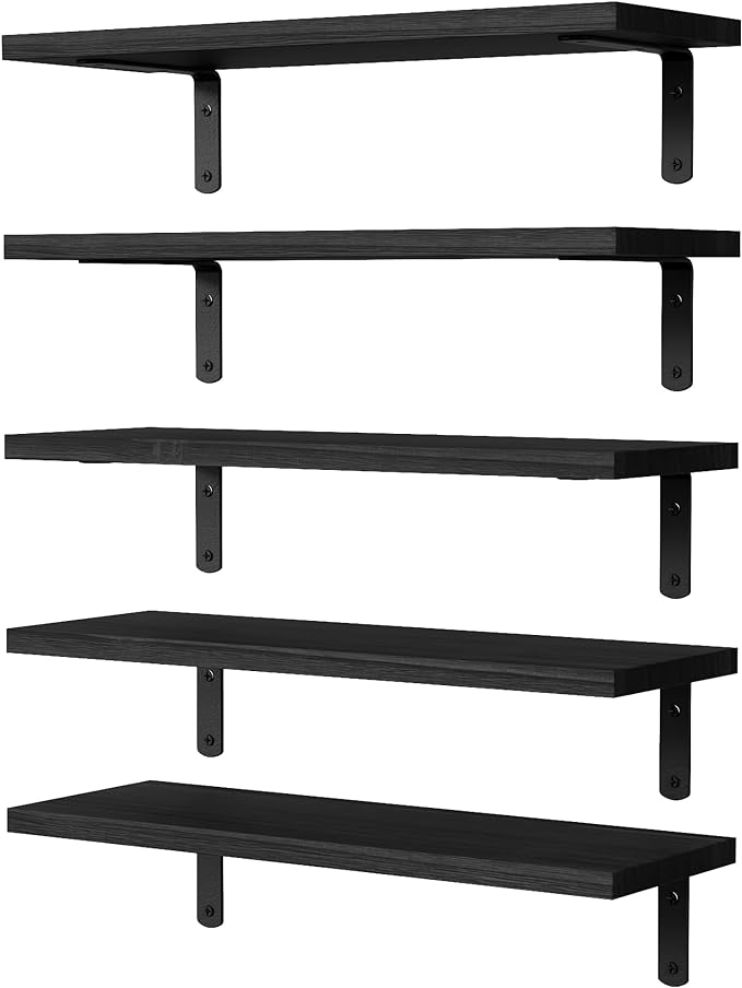 DOLLFIO Floating Shelves, 5 Sets Wall Shelves, Wood Floating Shelves for Bedroom Wall DÃ©cor, Wall Mounted Floating Bathroom Shelf for Storage, Floating Book Shelf, Living Room â Black