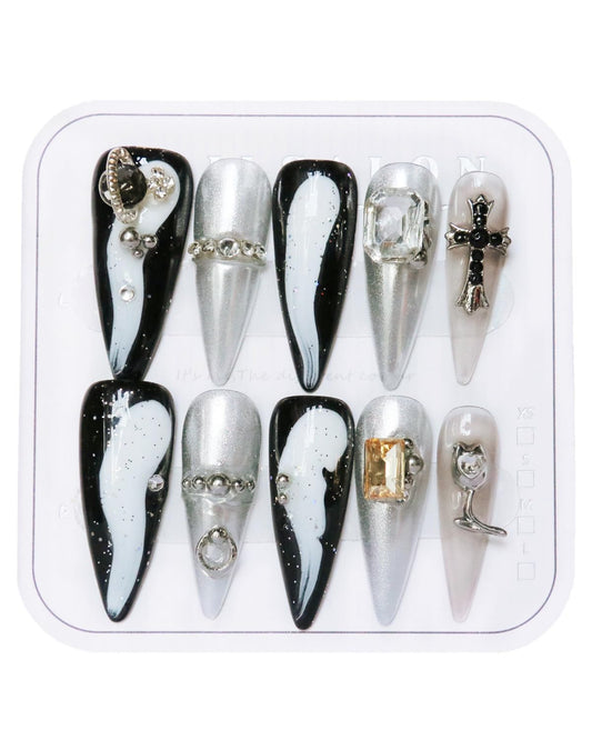 CAMILCY Press on Nails Handmade Nails Luxury Reusable Fake Nails For Girls long Almond Armor Tip Grey Diamonds HandPainted Salon Loveful Design Acrylic GelUV Finished 3D Nails 10PCS (A004, M)