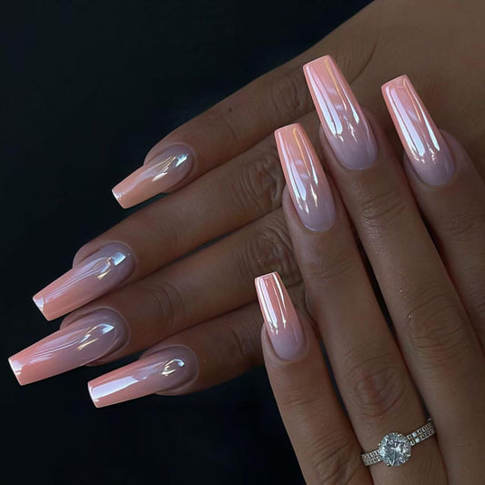 SHIQIXIANNV Pink Electroplated Press on Nails Long Coffin Fake Nails Metallic False Nail Design Full Cover Pink Gradient Chrome Glossy Acrylic Nails for Women and Girls DIY Manicure Decoration 24Pcs