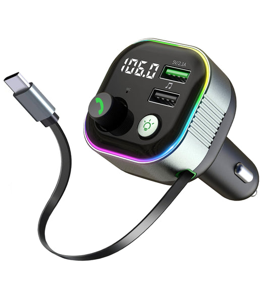 LIHAN Bluetooth 5.4 Car Adapter, Transmitter for FM Radio,65W Retractable USB C Fast Car Charger, Wireless Audio Hands Free Calling & MP3 Music Player, HiFi Bass Support USB Drive