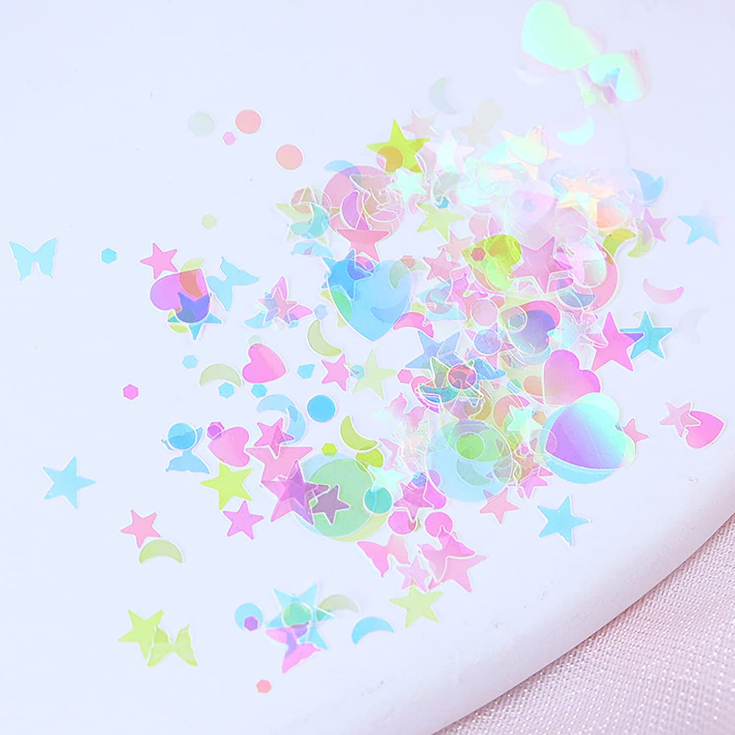 Iridescent Nail Art Glitter Sequins, Holographic 3D Ultra Thin Nail Art Glitter Flakes Designs, Heart Butterfly Round Star Acrylic Nails Supplies for Women Girls Manicure Decorations, DIY Nail Crafts