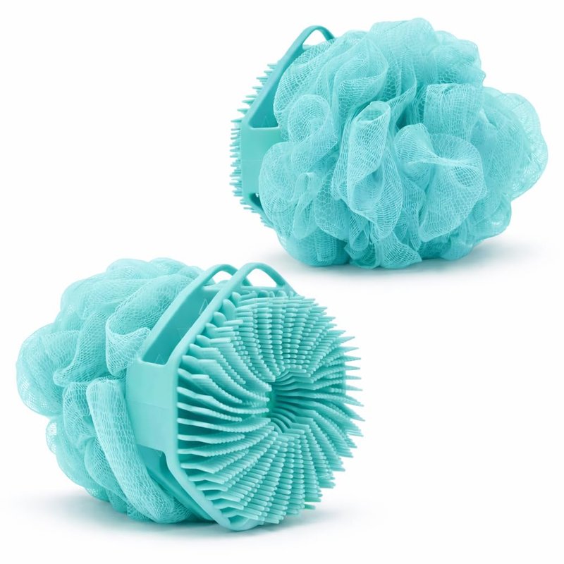 2-in-1 Silicone Body Scrubber & Mesh Loofah Sponge – Exfoliating Silicone Shower Scrubber with Soft Loofa Puff, Bristles, Non-Slip Grip, Quick Dry, Hygienic Body Scrubber for Women & Men