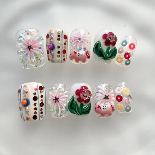 Luxury Press on Nails Short Square Handmade 3D Unique Reusable ABS Material Fake Nails White False Nails with Flower Polka Dots Glitter Designs Glossy Glue on Nail Thick Acrylic Nail(S)
