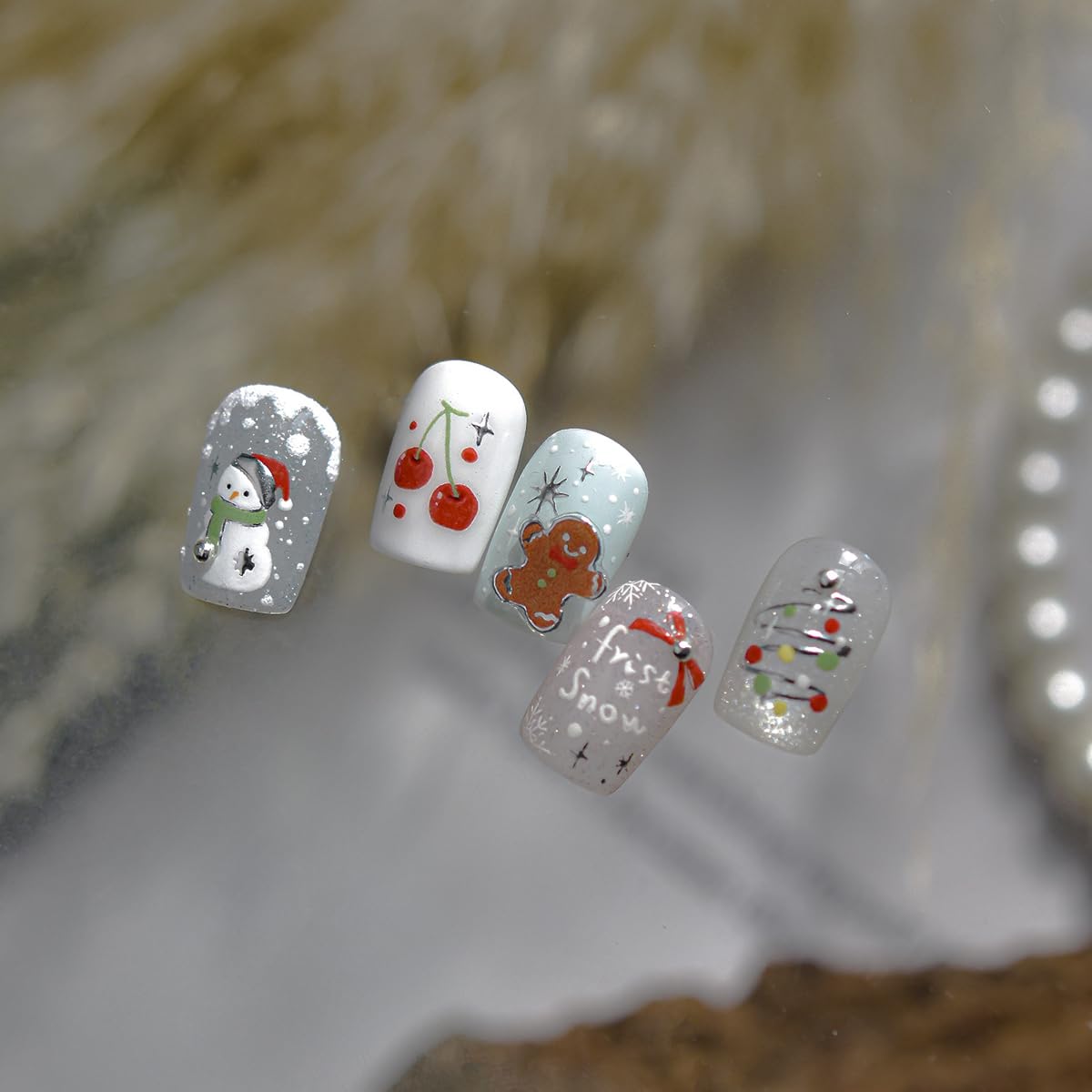 Christmas Nail Stickers for Nail Art Santa Hat Gloves Snowman Snowflake Gingerbread Cherry Bow Nail Decals Xmas Stickers for Nails Design 3D Self Adhesive Nail Art Decorations for Women Girls 1 Sheet