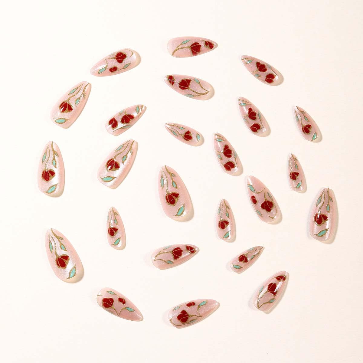 Almond Press On Nails Medium Fake Nails Flower With Gold Line Design Cute False Nails Full Cover Glossy Glitter Stick On Nail Acrylic Artificial Fingernails Reusable DIY Glue On Nails For Women 24pcs