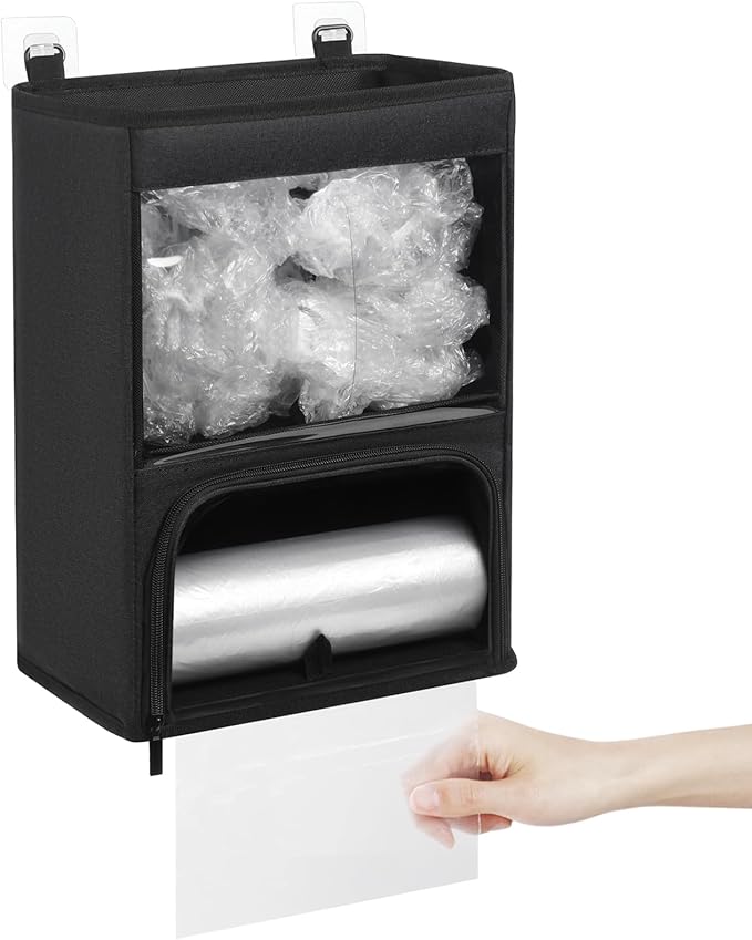 2-in-1 Plastic Bag Holder with Clear Window, Large Grocery Bag Holder and garbage bag dispenser with Easy-Access Openings, Trash bag organizer for Kitchen RV Cabinet Wall Mounted (Blackï¼
