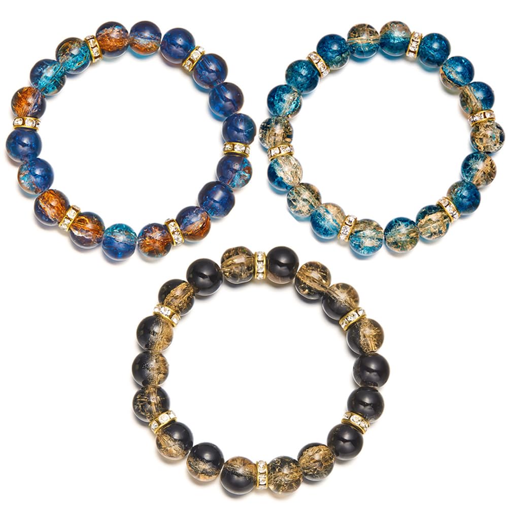 LANG XUAN Beaded Stretch Bracelets for Women Men Healing Crystal Stone Bracelet Bead Adjustable Unisex Gemstones Bracelets 10MM Weave Jewelry Gifts (3pcs Stretch)