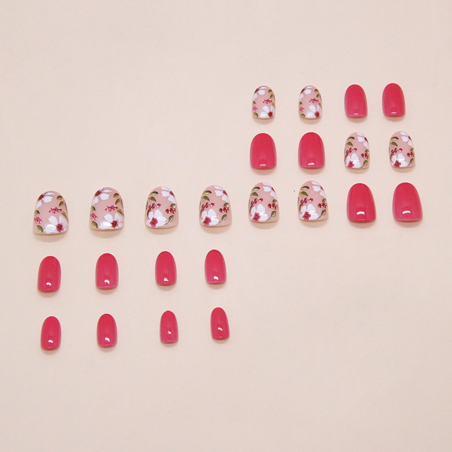 Floral Medium Oval Press on Nails Hot Pink Base White Floral Accents Green Leaf Details Glossy Finish Reusable Spring Nails Easy Apply Fashion Party Wear Durable Trendy Women Girls Nail Art 24 Pcs