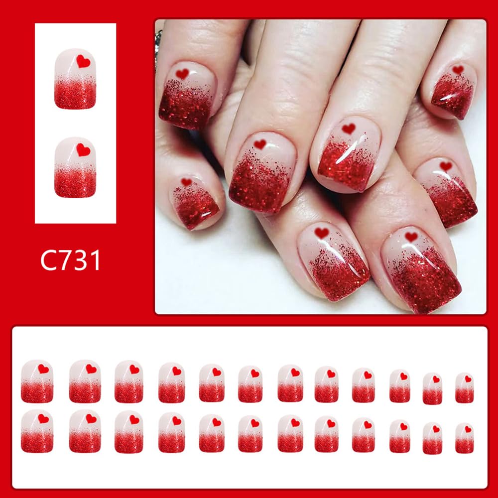 CEWEWP Valentine’s Day Press on Nails Short Square Fake Nails with Heart Designs Red Gradient Glitter Nails Press ons Glossy Glue on Nail Ombre Acrylic Nails Stick on Nail for Women 24Pcs