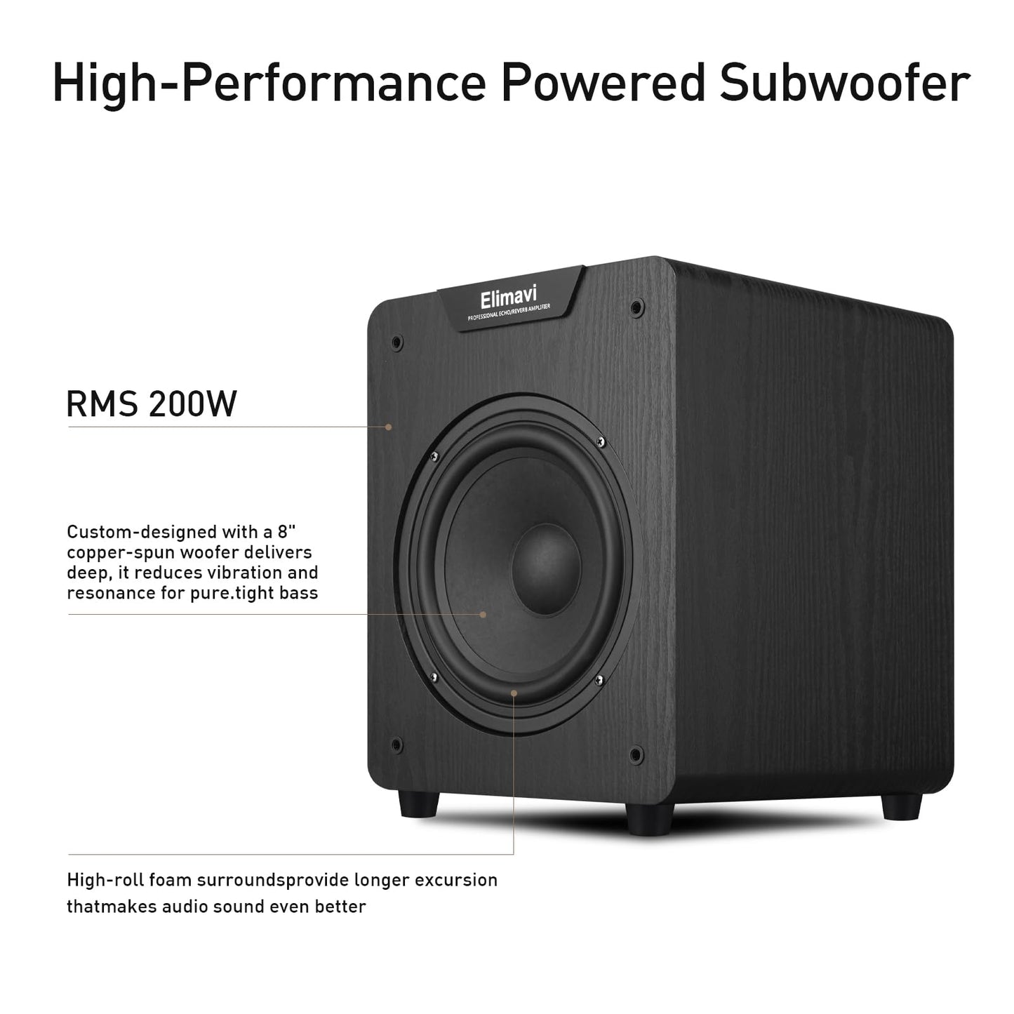 Elimavi 8" Powered Subwoofer Home Audio - 200W Deep Bass for Home Theater - Copper Driver, MDF Enclosure w/Aluminum Radiator - Ideal for Home Surround Sound Systems