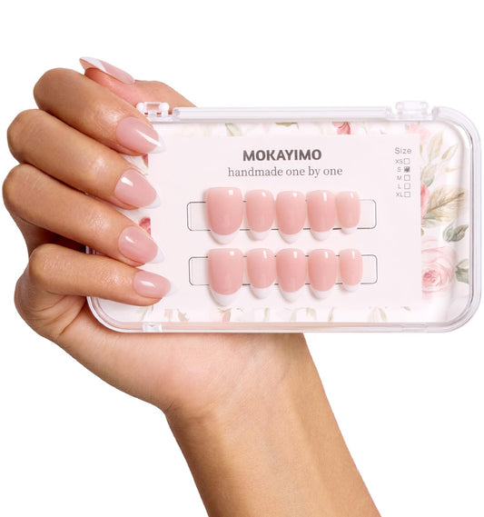 French Tip Press On Nails Short Almond,MOKAYIMO White French Nail Press Ons,10Pcs Handmade Custom-Sized Acrylic False Nails Kit,Natural Look,Salon Quality,Long Lasting,Size S