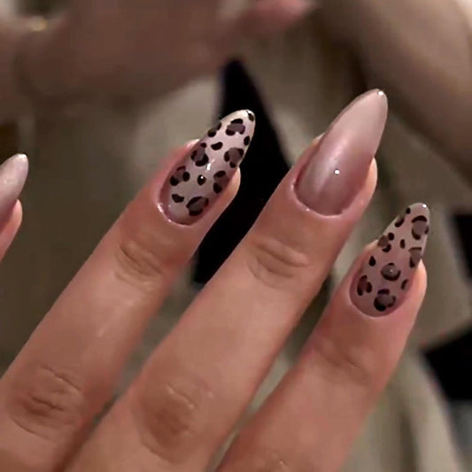Leopard Print Press On Nails Long Almond Soft Gel Fake Nails, Nude Brown Glossy Animal Print Glue On Nails, Reusable Elegant False Nails for Women, Salon Quality 24PCS