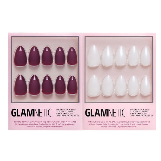 Glamnetic Press-On Nails Bundle - Merlot & Hailey | Matte Short Almond Dark Red Nails with Glossy French Tips | Glazed Short Almond False Nails | Reusable, Salon-Quality Nail Kits